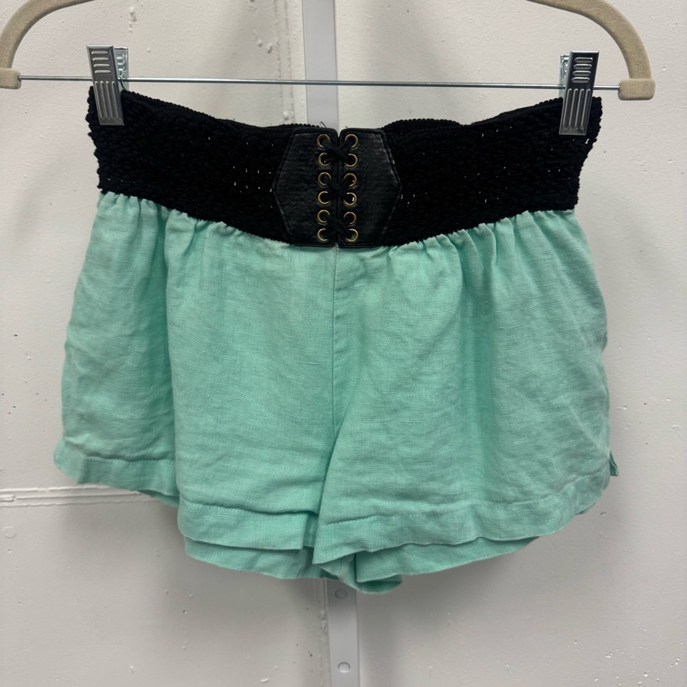 Y2K Bebe Low Rise Mint Green Shorts wth Corset Lace-Up Waist Linen Medium